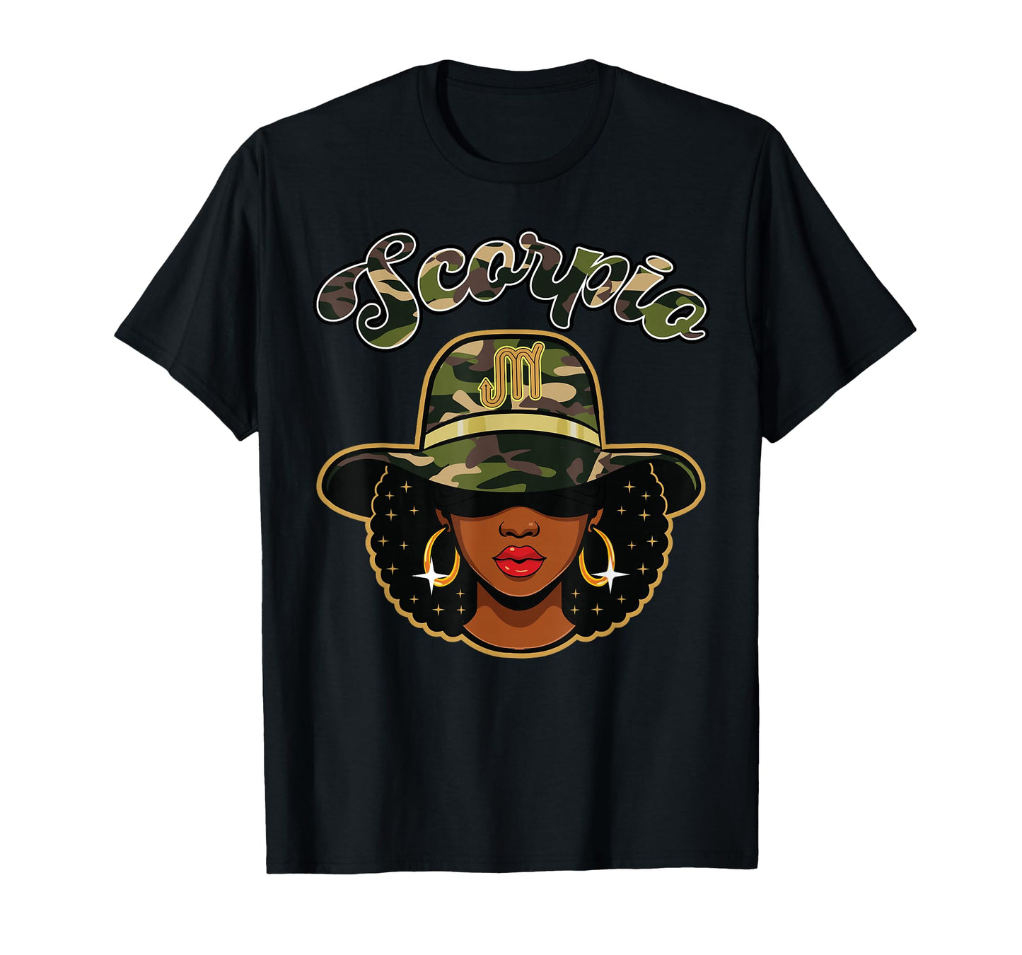 Scorpio Queen Camo Black Woman Birthday Zodiac Sign Afro T-Shirt