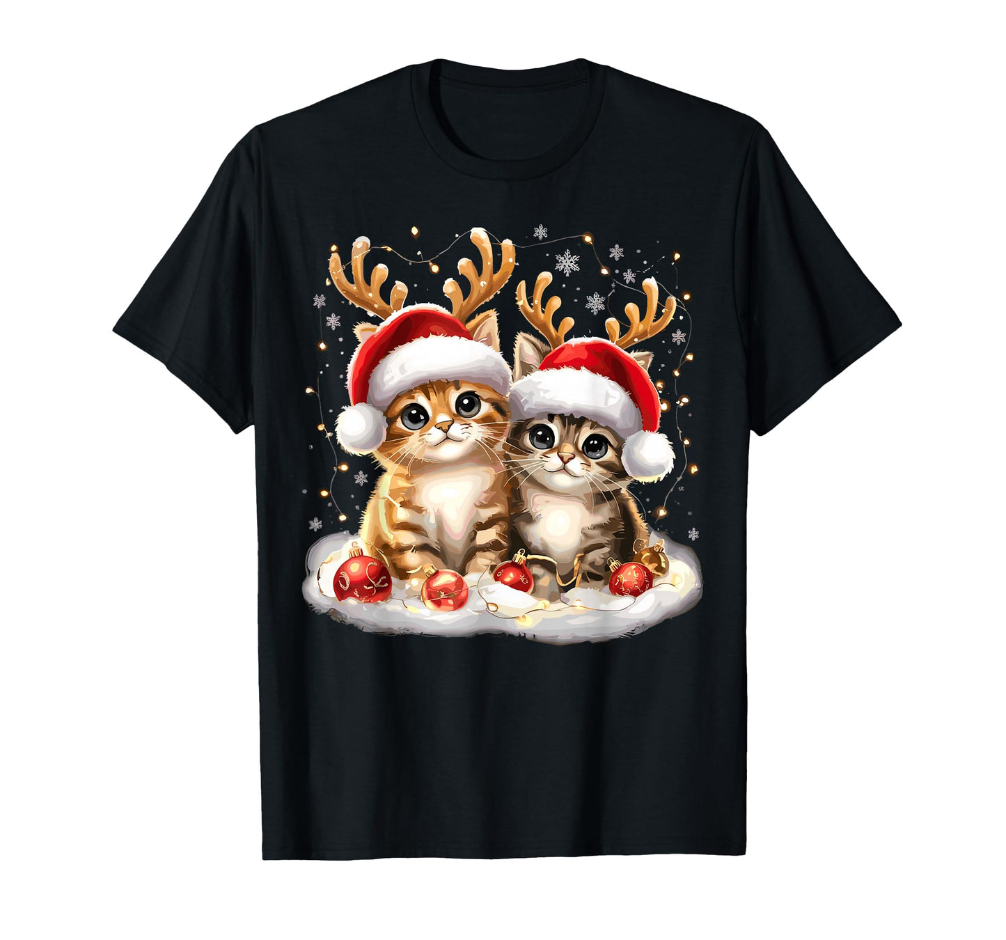 Cat Christmas Light Reindeer Santa T-Shirt