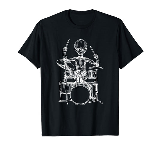 Alien Playing Drums Funny Space Drummer Rock Musician T-Shirt