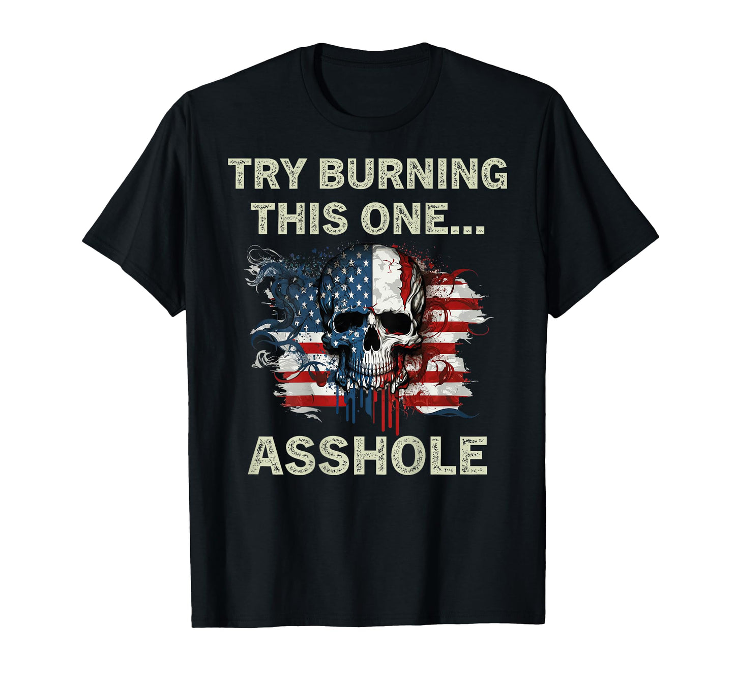 Try Burning This One Asshole USA Flag Skull Vintage On Back T-Shirt