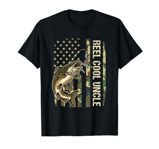 Vintage Reel Cool Uncle Catfish Fishing Camo Flag Fisherman T-Shirt