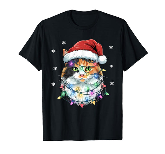 Christmas Lights Cat Santa Hat Xmas Funny Christmas Cat T-Shirt