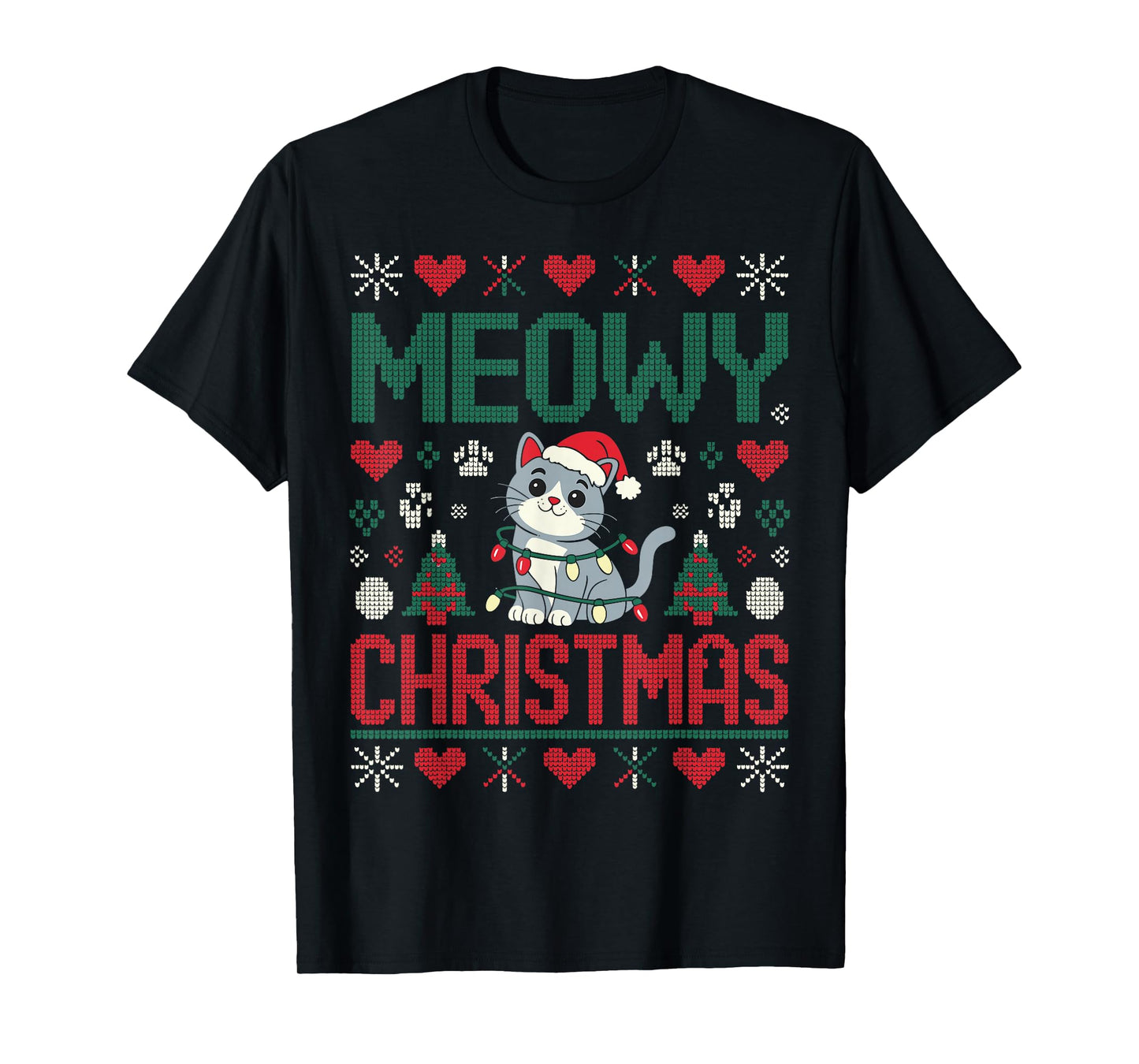 Funny Meowy Christmas Ugly Xmas Cute Lights CAT Santa Family T-Shirt