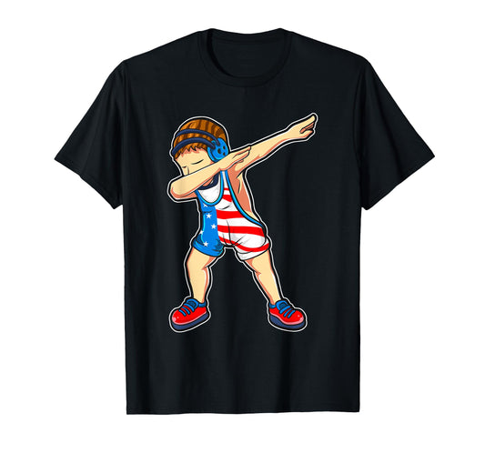 Dabbing Wrestling Boy Wrestler US Flag T-Shirt