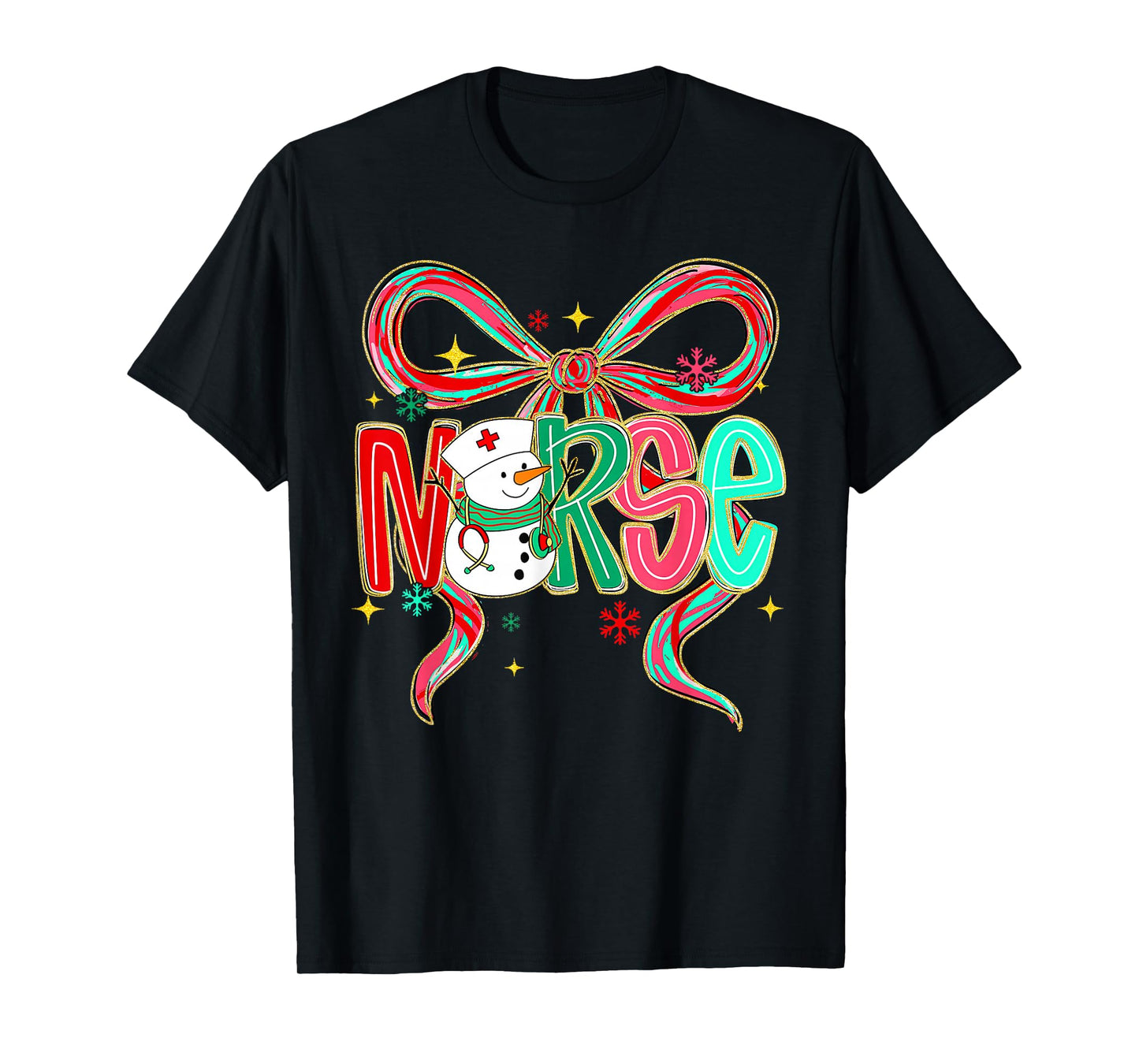 Christmas Nurse Snowman Xmas Pajamas RN ICU NICU ER Pacu Bow T-Shirt