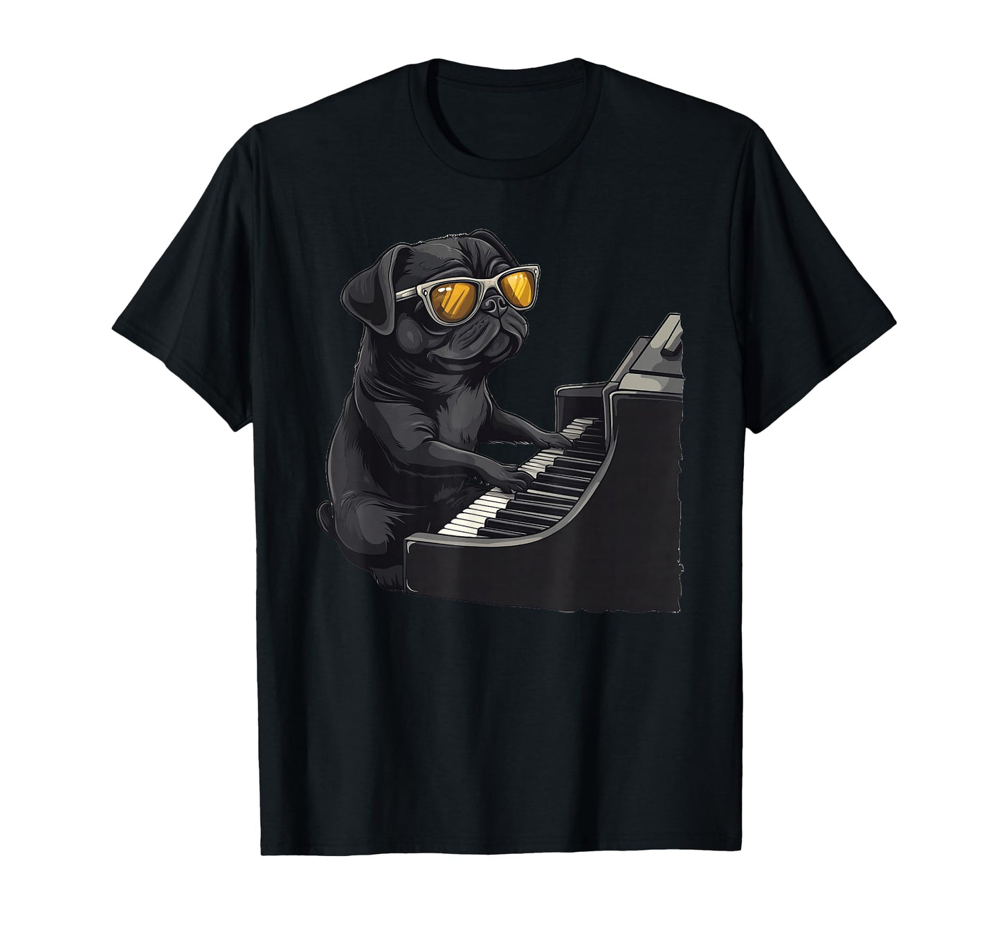 Cute Dog Black Pug Playing Piano Musician Music T-Shirt
