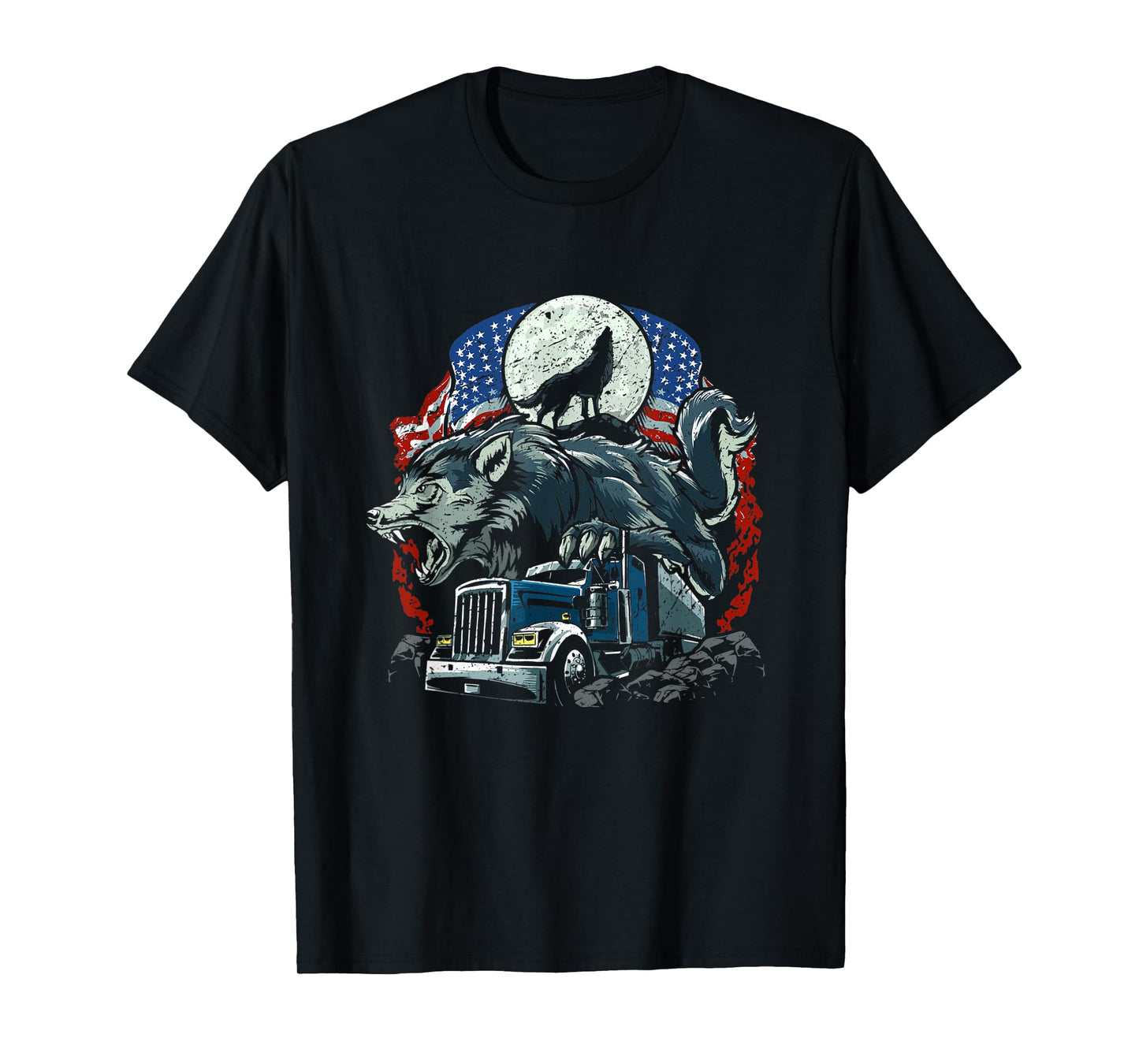 USA Flag Truck Howling Wolf American Patriotic Trucker T-Shirt for Men