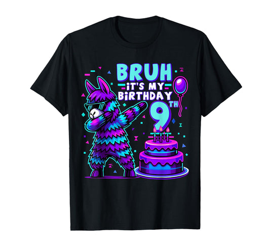 Bruh Dabbing It's My 9th Birthday Llama Pinata 9 Year Old T-Shirt