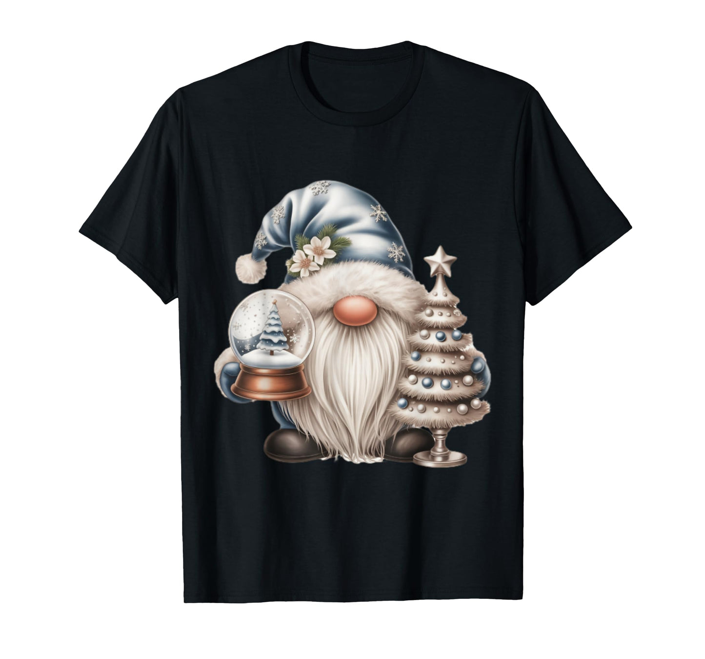 Blue Christmas Gnome with Tree and Snow Globe T-Shirt