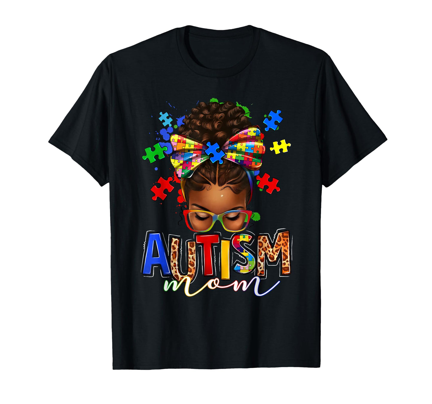 Autism Mom Messy Bun Black Women Autism Awareness Puzzle T-Shirt