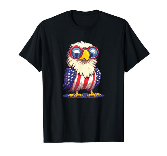Funny Patriotic Eagle in American Flag Outfit Cartoon T-Shirt