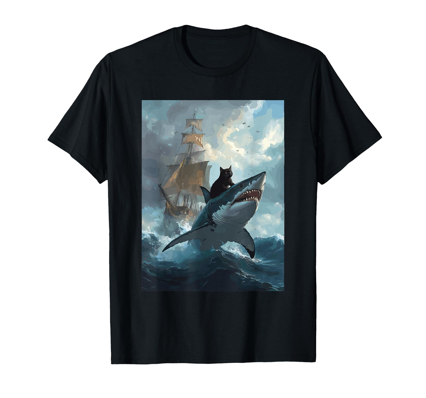 Cat Riding Shark Funny Art and Cat Lover Funny Cat and Shark T-Shirt