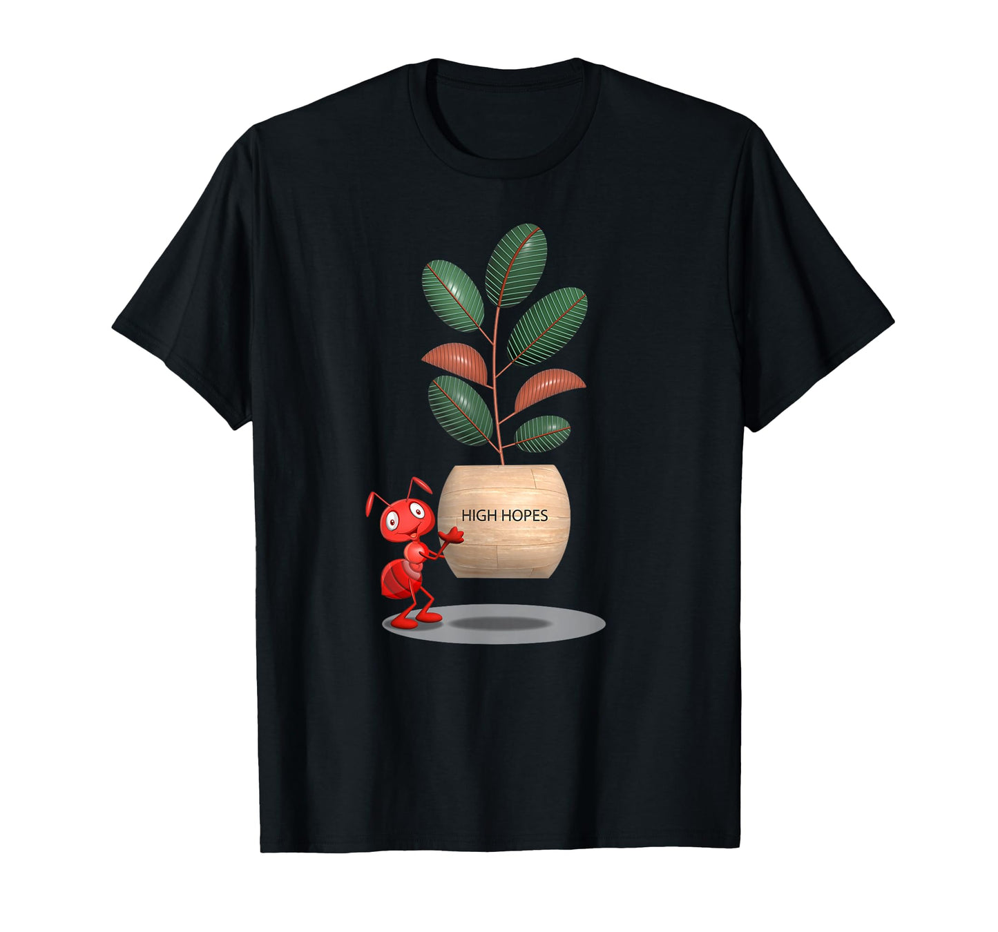 Tee4Tu / Cookie Money Design Black Unisex-Adults/Unisex-Kids Modern Cartoon T-Shirt - Ant Carrying Rubber Tree Plant - High Hopes