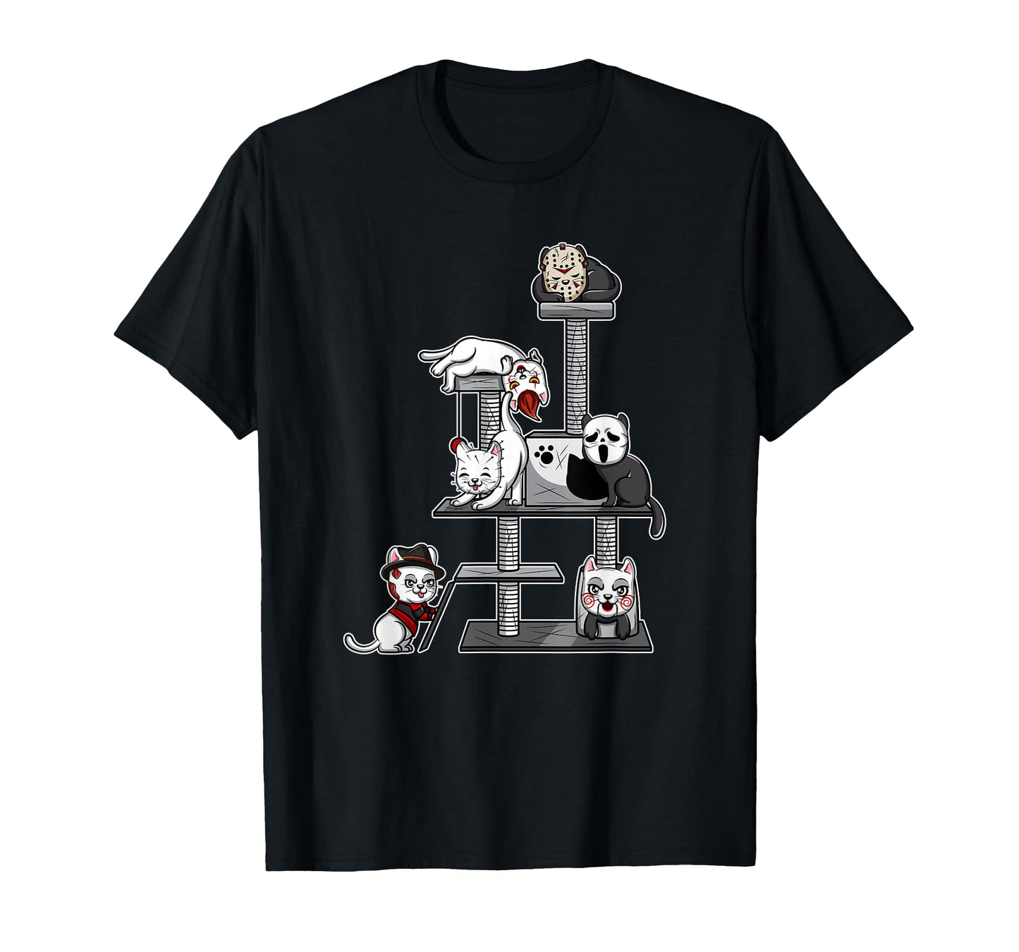 Funny Horror Movie Cats Playing On Cat Tree T-Shirt