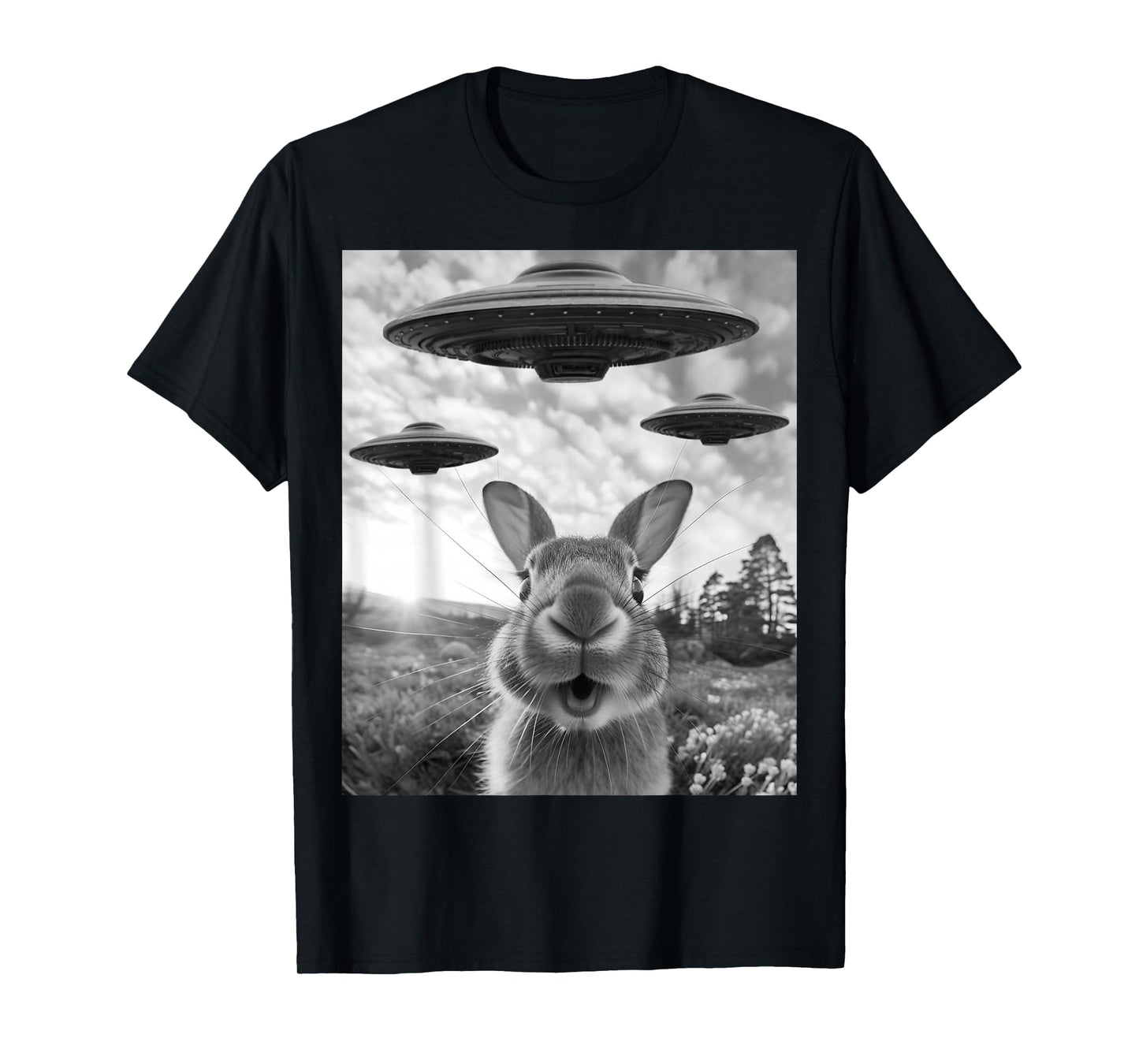 Rabbit Selfie with UFOs Vintage Alien Rabbit T-Shirt