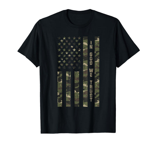 In God We Trust United States Distressed Camo w US Flag T-Shirt