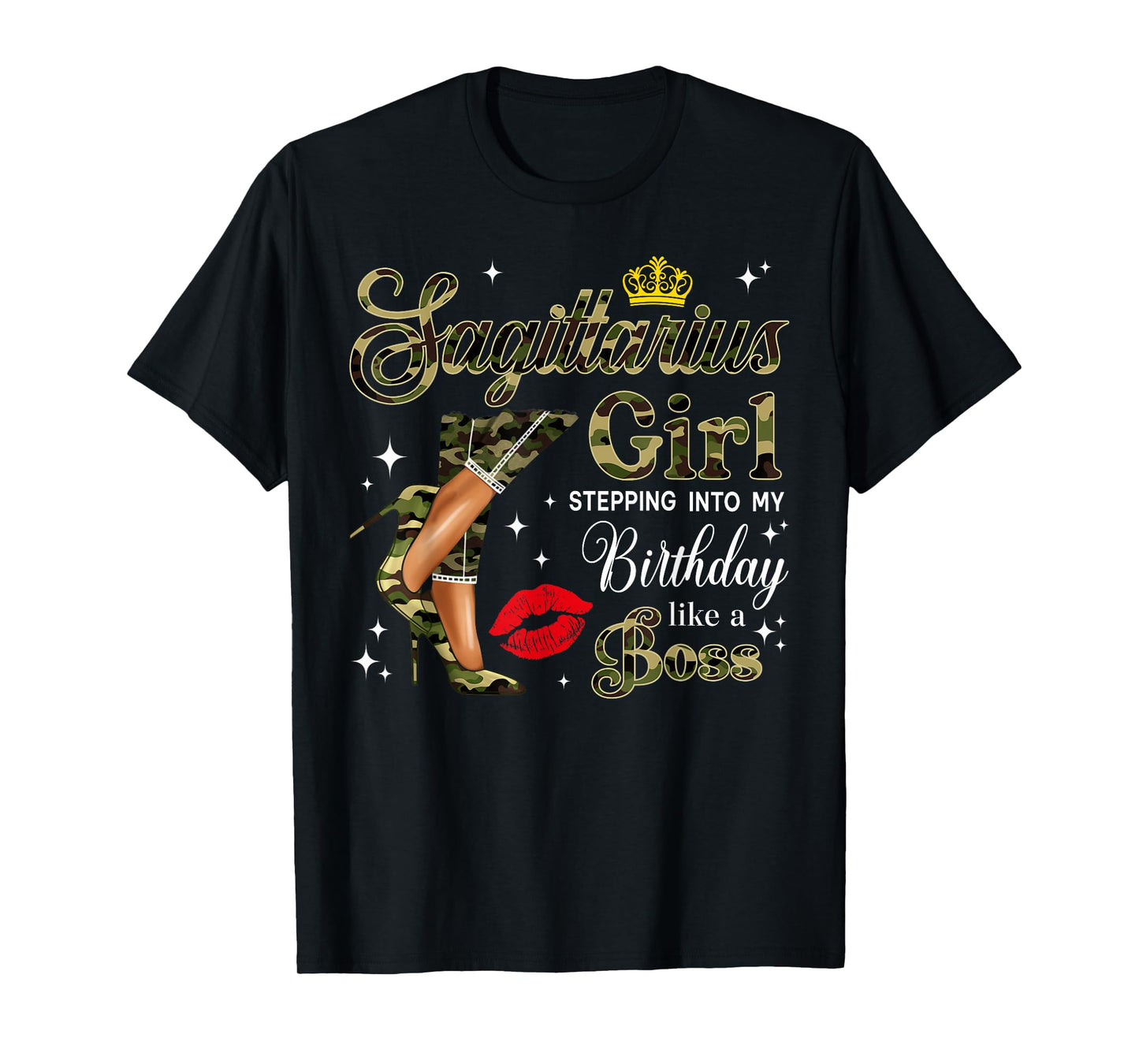 Sagittarius Girl Camouflage Black Woman Camo Heels Zodiac T-Shirt