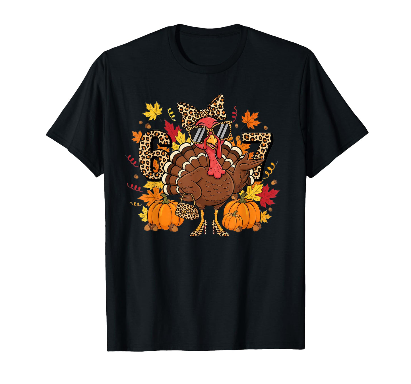 6 7 Thanksgiving Funny Leopard Bow Turkey Six Seven Teacher T-Shirt