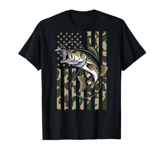 Camo US Flag Bass Fish Fishing Patriotic Men Women T-Shirt