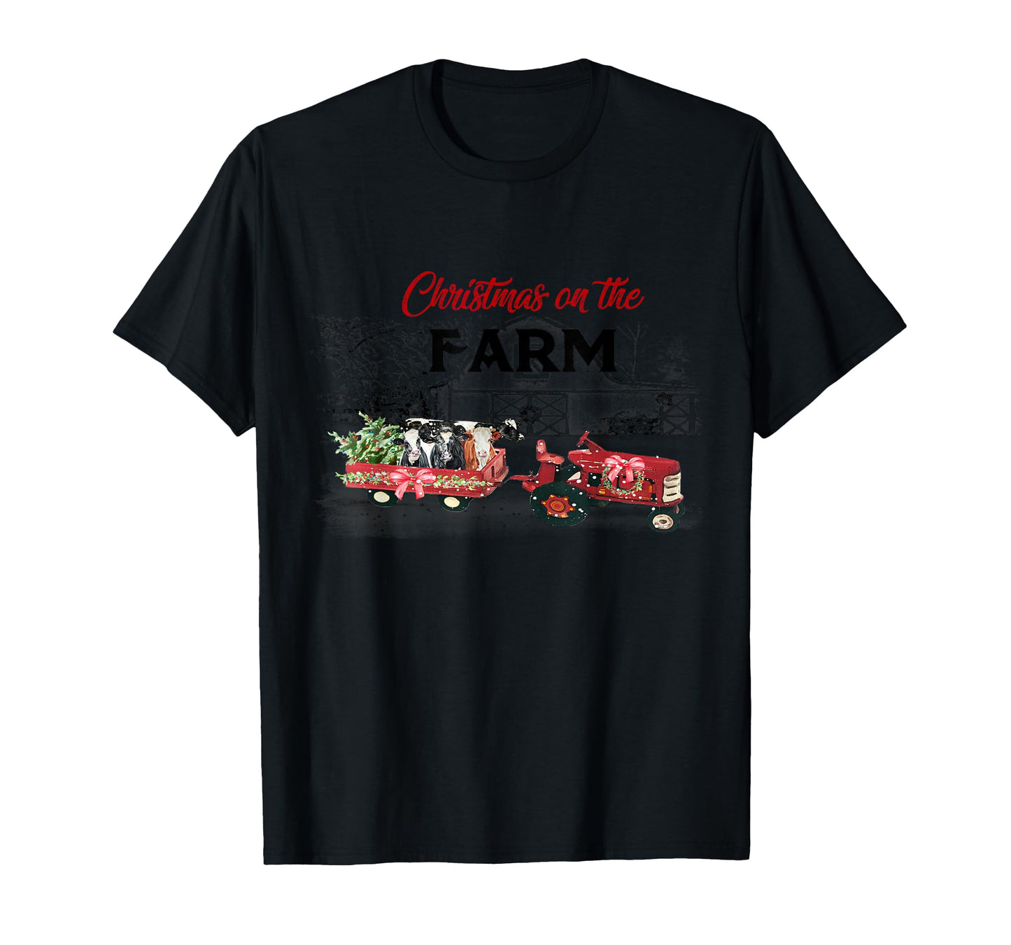 Cow Red Truck Christmas On The Farm T-Shirt