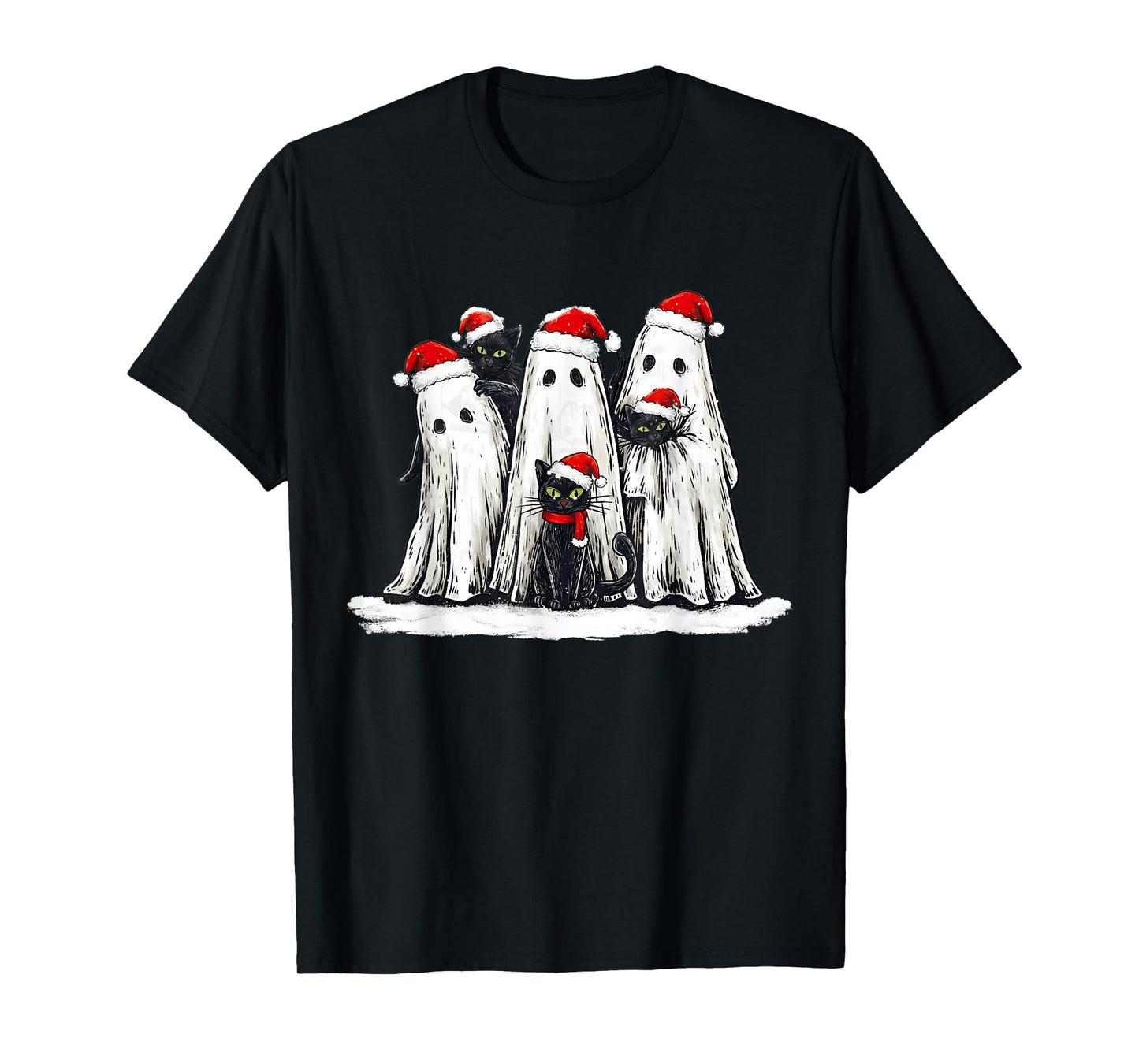 Vintage Christmas Ghost Holding Black Cat Groovy T-Shirt