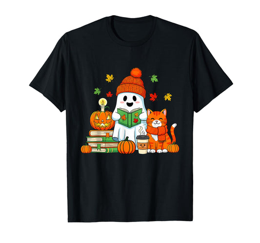 Cute Ghost Reading Book Lovers Autumn Fall Halloween Ghost T-Shirt