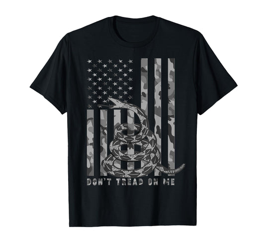 Don't Tread on Me White Camo American Flag Snake T-Shirt