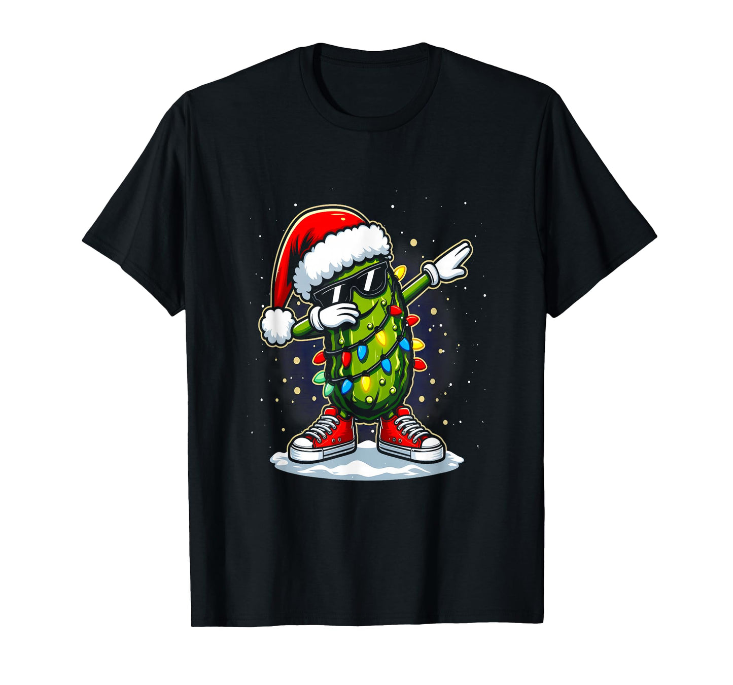Merry Christmas Pickle Cucumber Dabbing Santa Hat Lights T-Shirt