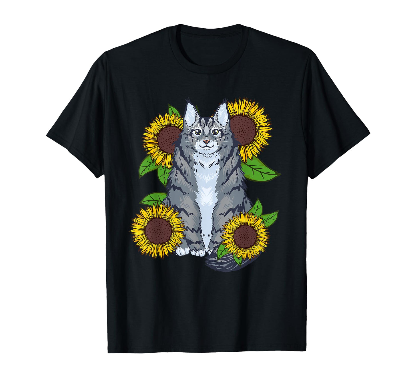 Floral Sunflower Mainecoon Cat Lover Men Women Kids T-Shirt