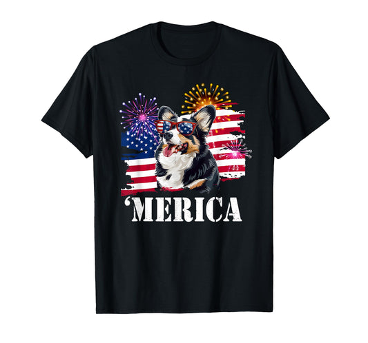 Funny USA Flag 4th 'Merica Black Tricolor Corgi Lover T-Shirt