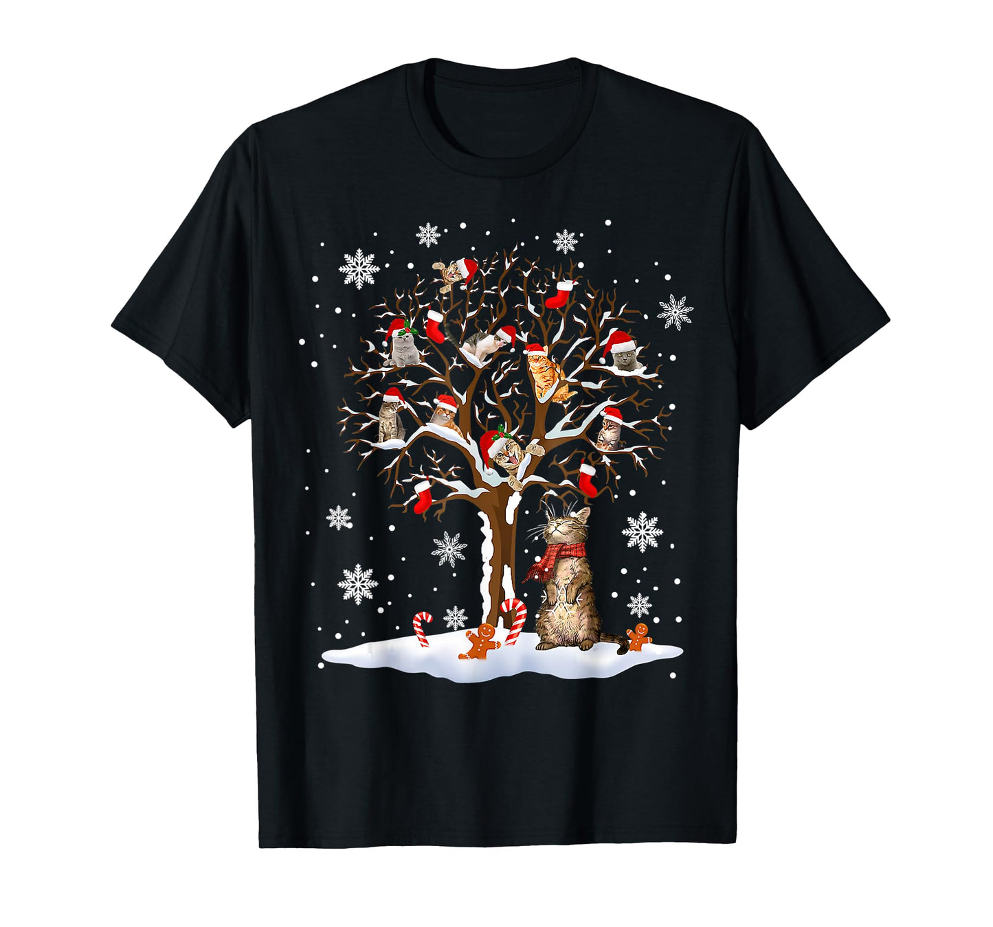 Cats In Snow Tree Winter Christmas Santa Hat X-mas T-Shirt