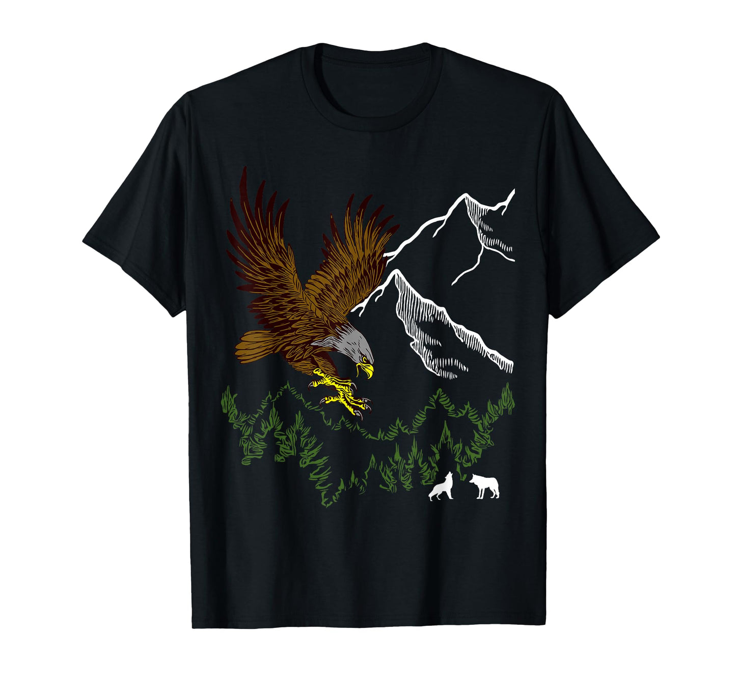 Mountain Forest tree Design Eagle Bird, Wolf Animal Graphic T-Shirt