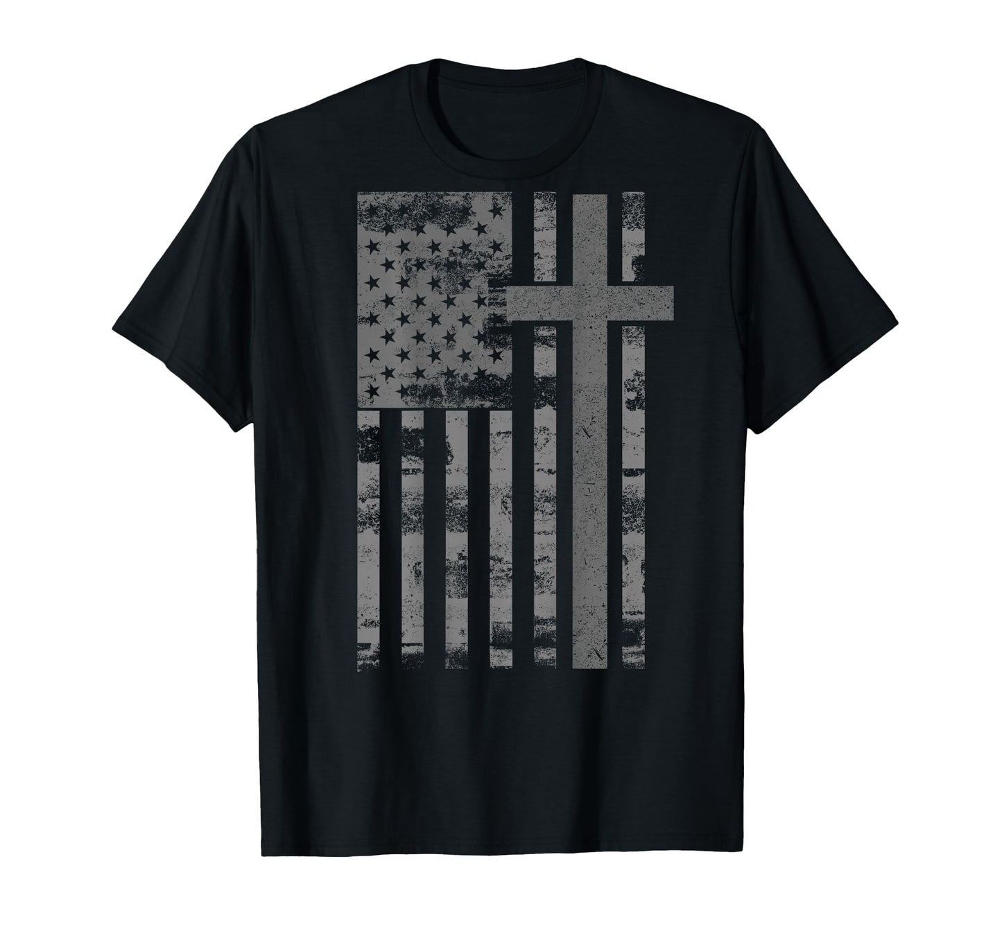 (Art on Back) American USA Flag Christian Cross Patriotic T-Shirt
