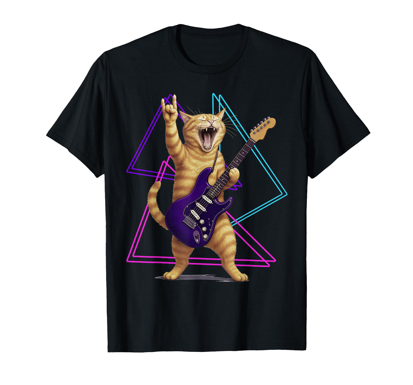 Cat Playing Guitar Rock Star Rock and Roll Men Women Kids T-Shirt