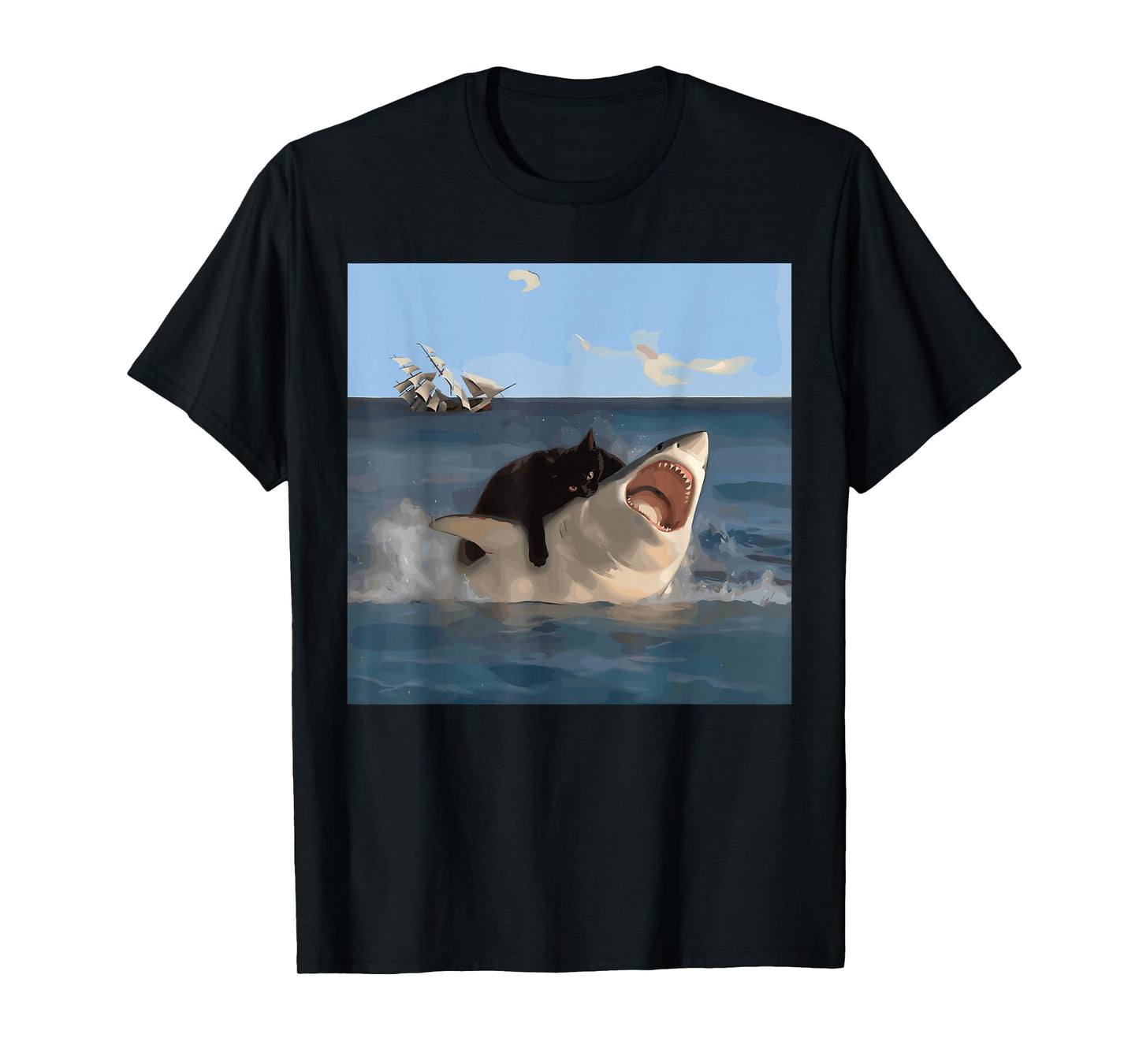 Cat Biting Shark Humorous Playful Funny Cat and Shark T-Shirt, Small, Black