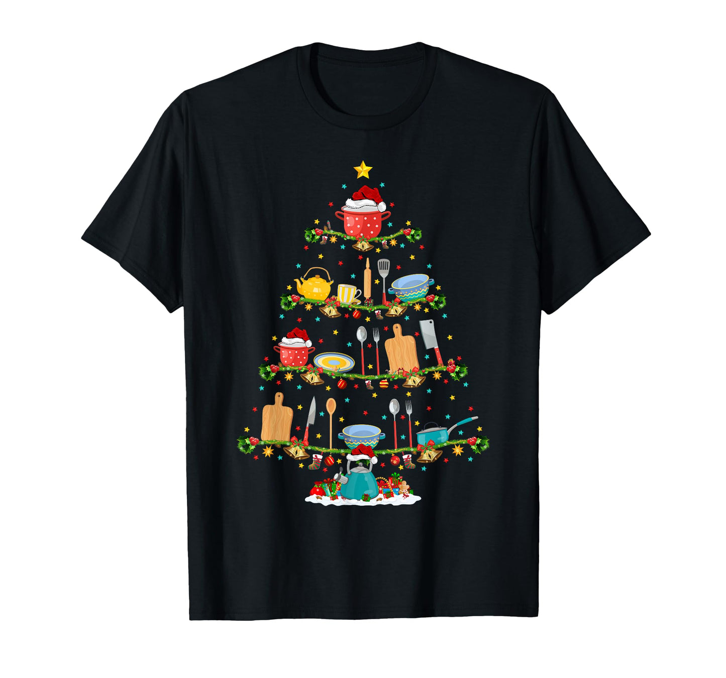 Cooking Lover Lights Xmas Santa Cooking Christmas Tree T-Shirt
