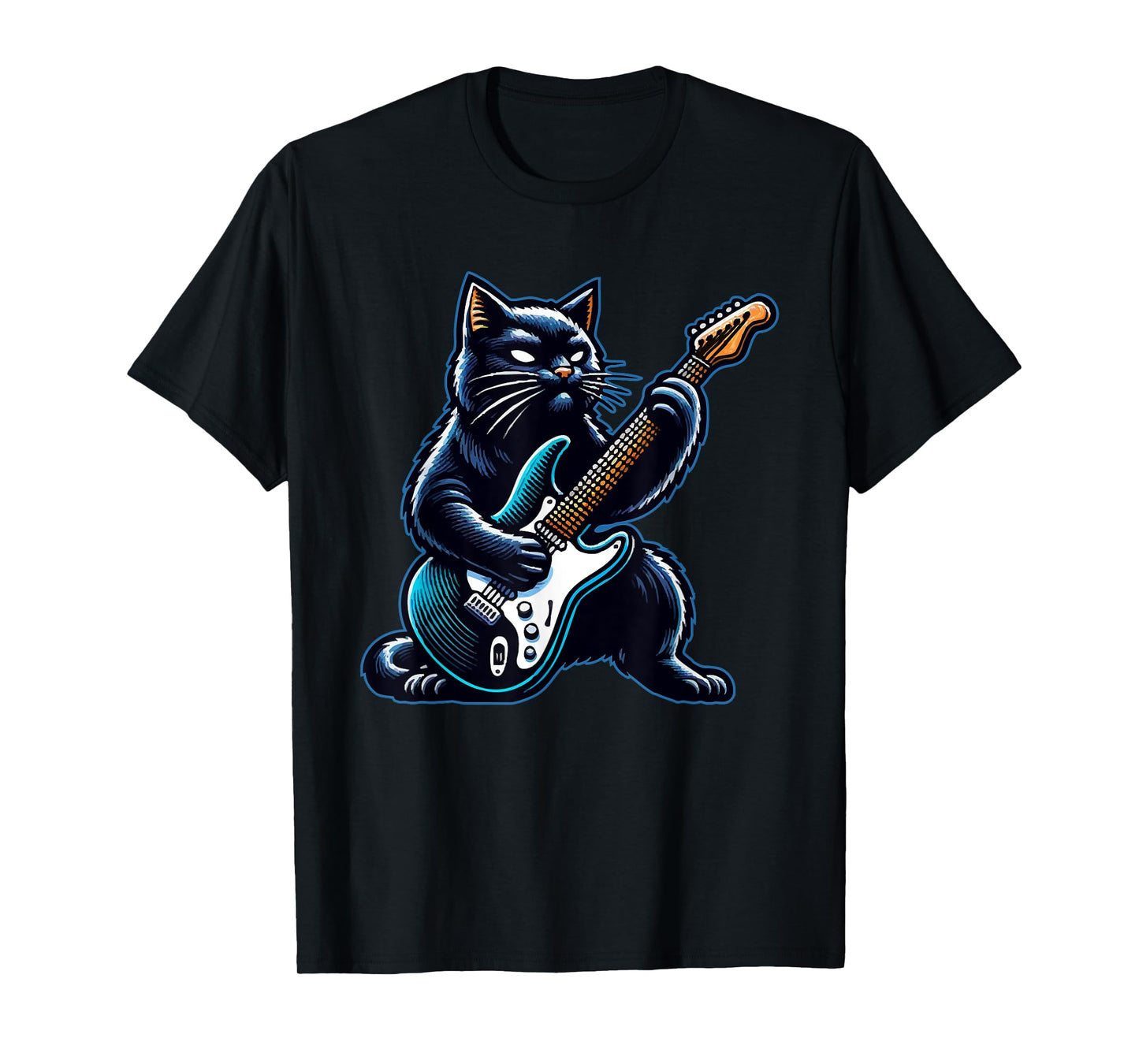 Black Cat Playing Guitar Rock and Roll Rock Star Design T-Shirt