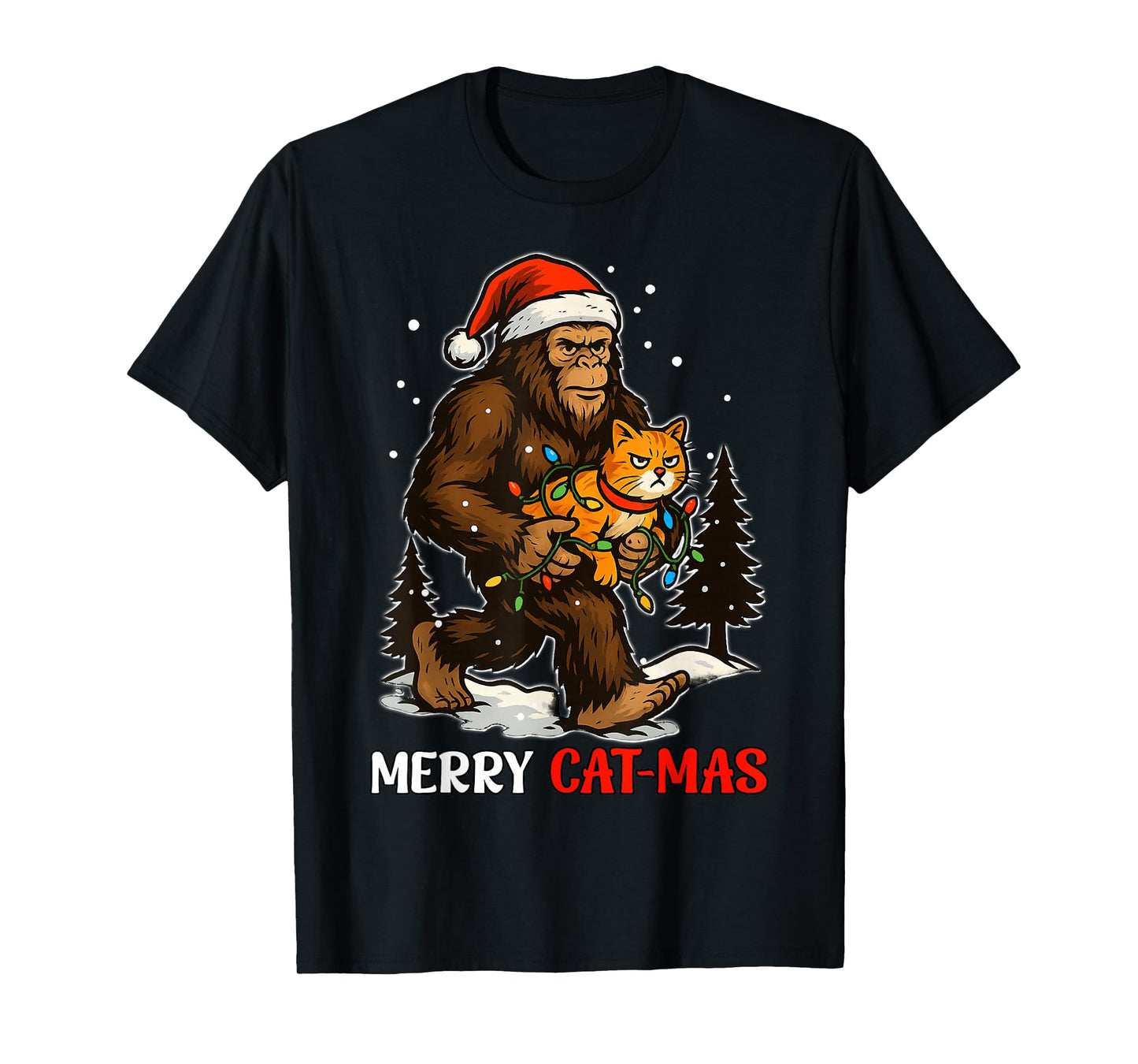 Merry Catmas Bigfoot and Lights Santa Hat Funny Cat Xmas T-Shirt