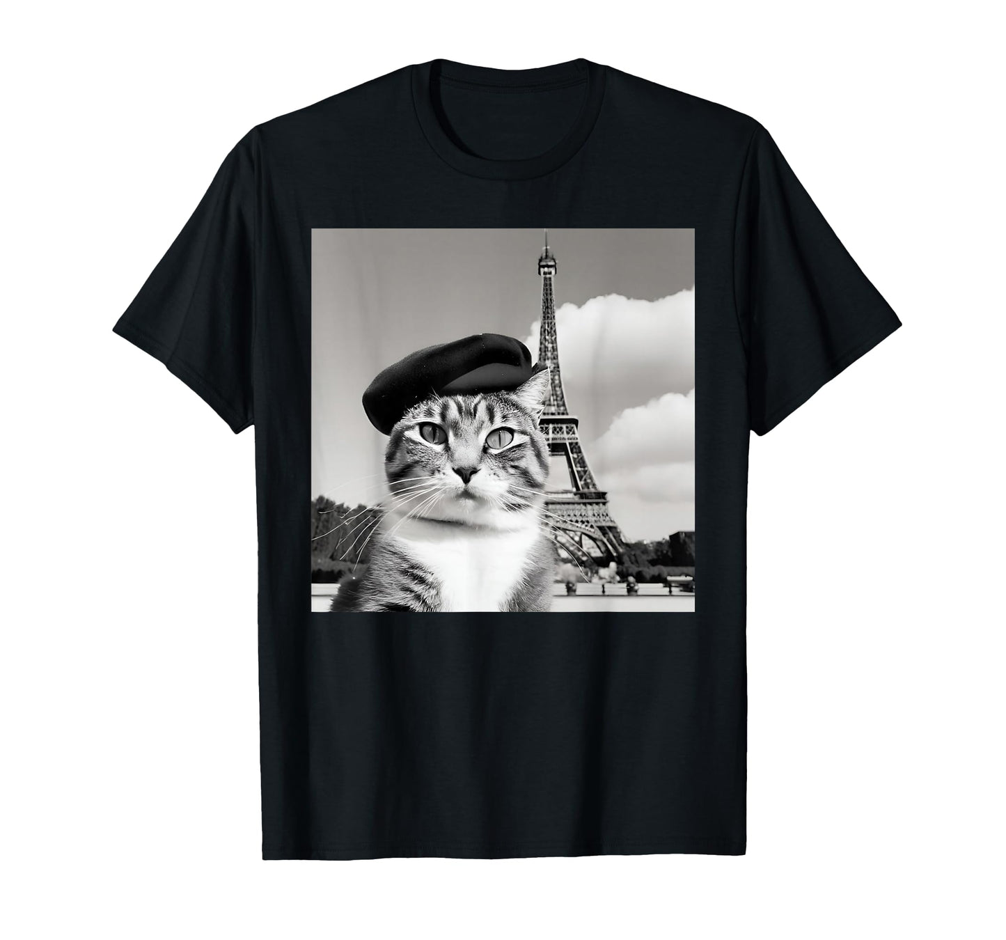 Funny Cat Wearing a Beret at The Eiffel Tower in France T-Shirt