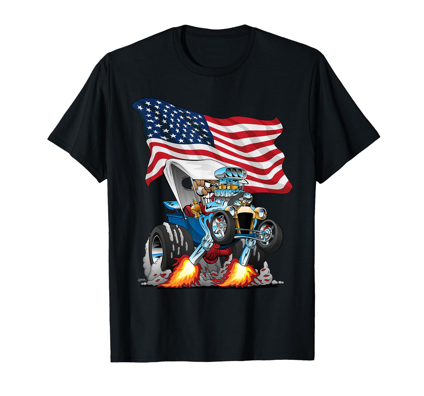 T-bucket Style Car Hotrod USA Flag Patriotic Cartoon Design T-Shirt