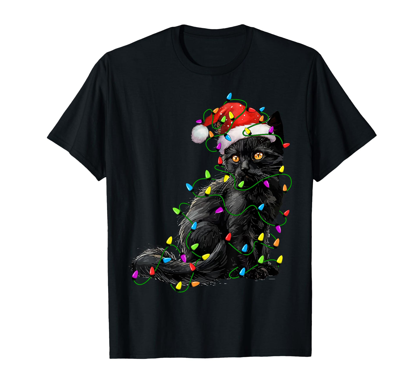Black Cat Santa Christmas Tree Lighting Xmas Funny T-Shirt