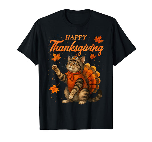 Cute Cat Turkey Happy Thanksgiving Fall Meow Cat Lover T-Shirt