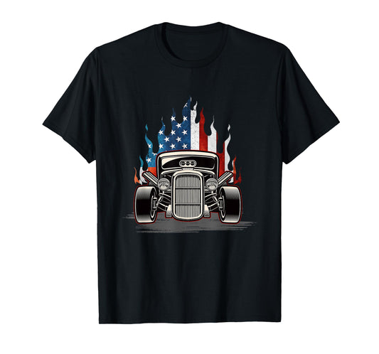 American Flag Vintage Hot Rod Veteran Memorial Day July 4 T-Shirt