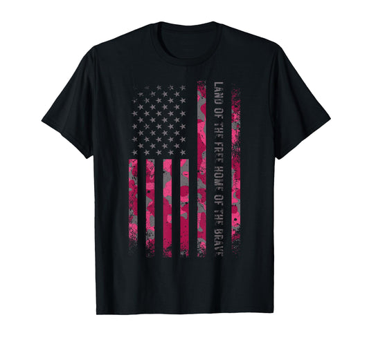 Pink Camo USA Flag Military Camouflage Distressed Grunge Tee T-Shirt