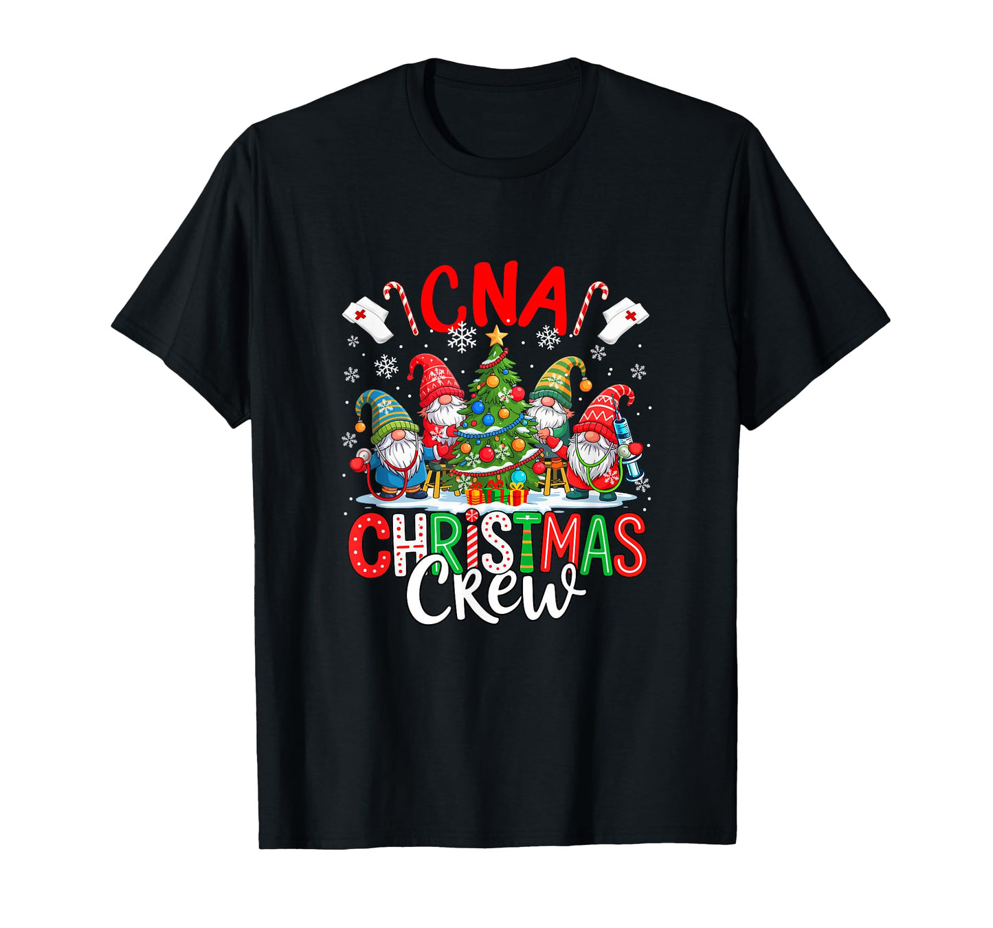 CNA Christmas Crew Group Gnomes Nurses Decorating Xmas Tree T-Shirt