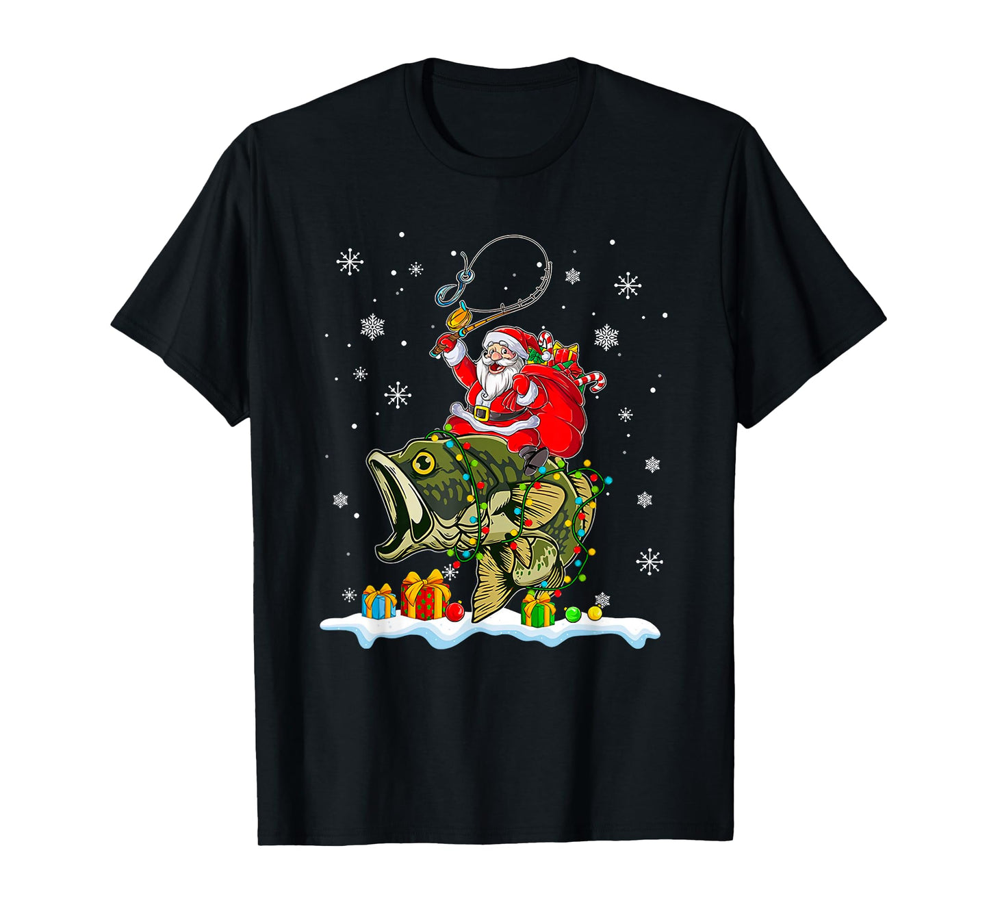 Christmas Bass Fishing Funny Santa Riding Fish Fishermen PJ T-Shirt