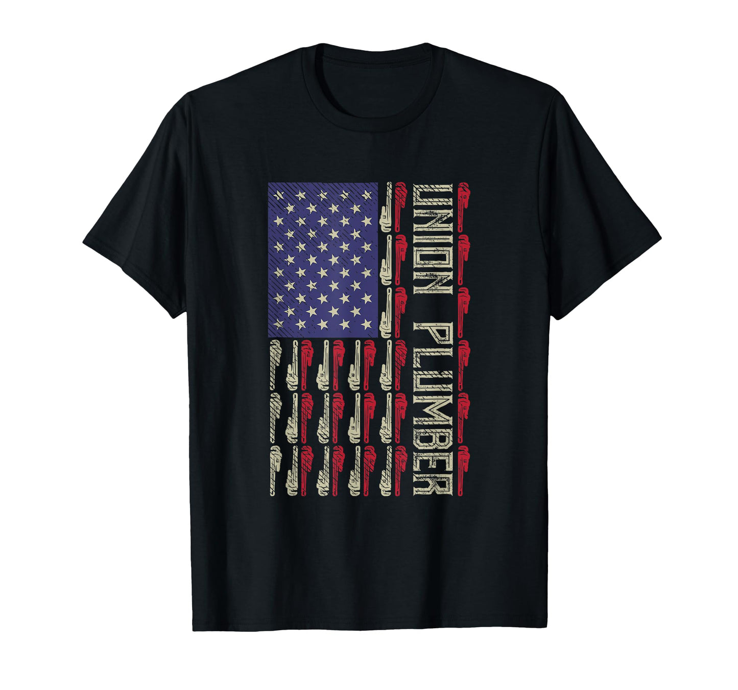 Union Plumber US Flag, Red, White, Blue, Wrench T-Shirt
