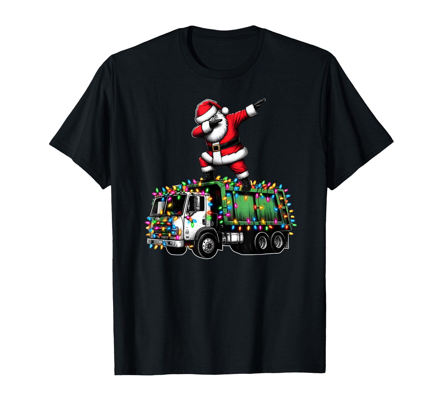 Dabbing Santa Garbage Truck Funny Christmas Lights Graphic T-Shirt