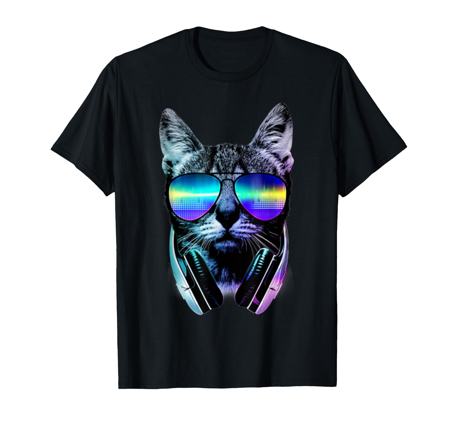 Dj Cat Headphones T-Shirt - Black, Small, Unisex, Cotton 100%, Short Sleeve, Crew Neck, Graphic, Modern, Casual, All Seasons, 1 Count