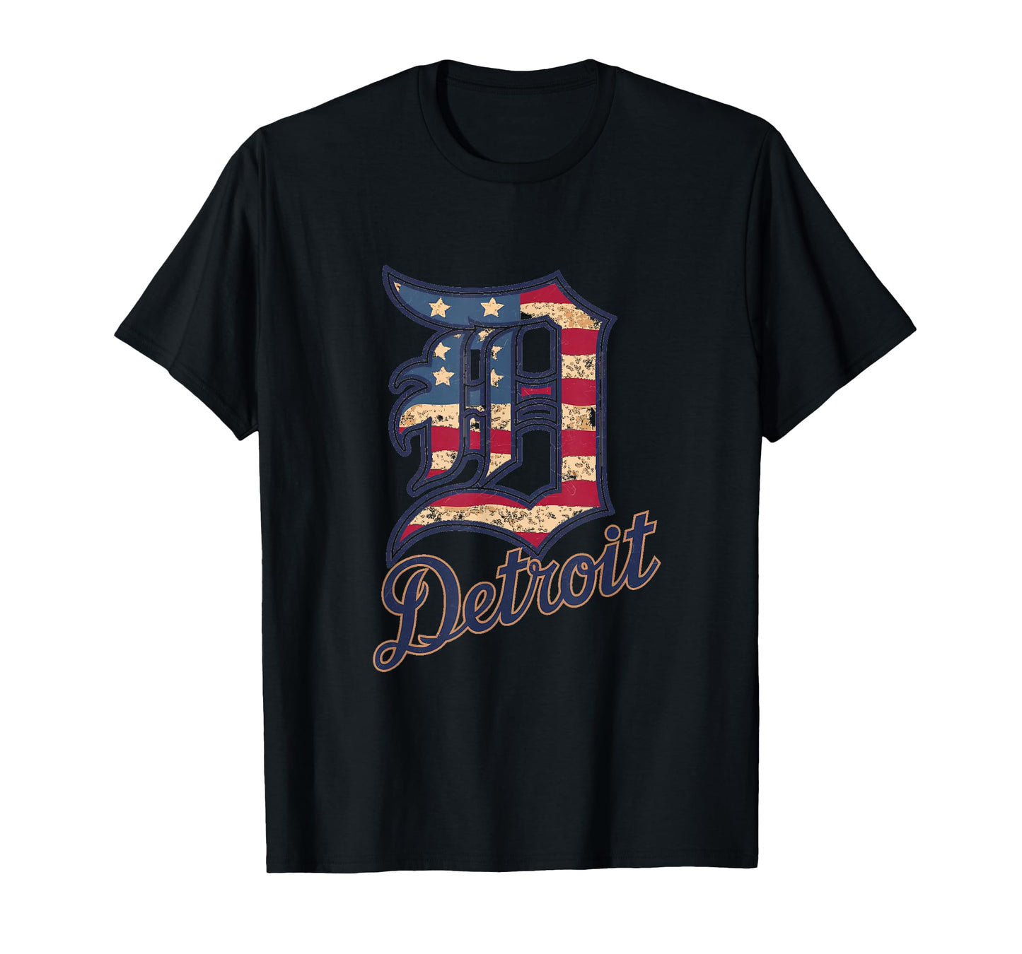 Nate Willis Detroit American Flag Old English D T-Shirt - Men's Black Small Modern Classic Letter Print Short Sleeve T-Shirt